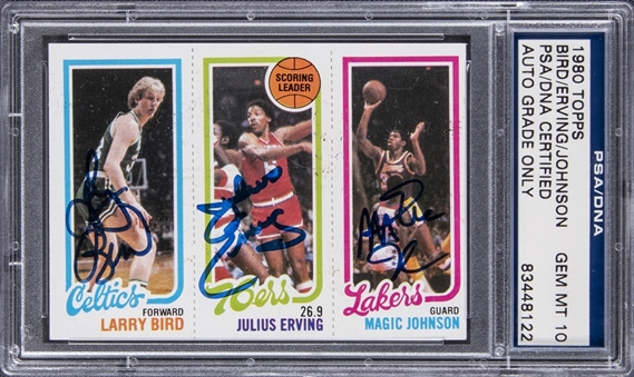 1980-81 Topps Larry Bird/Magic Johnson/Julius Erving Triple Signed Rookie Card - PSA/DNA GEM MT 10